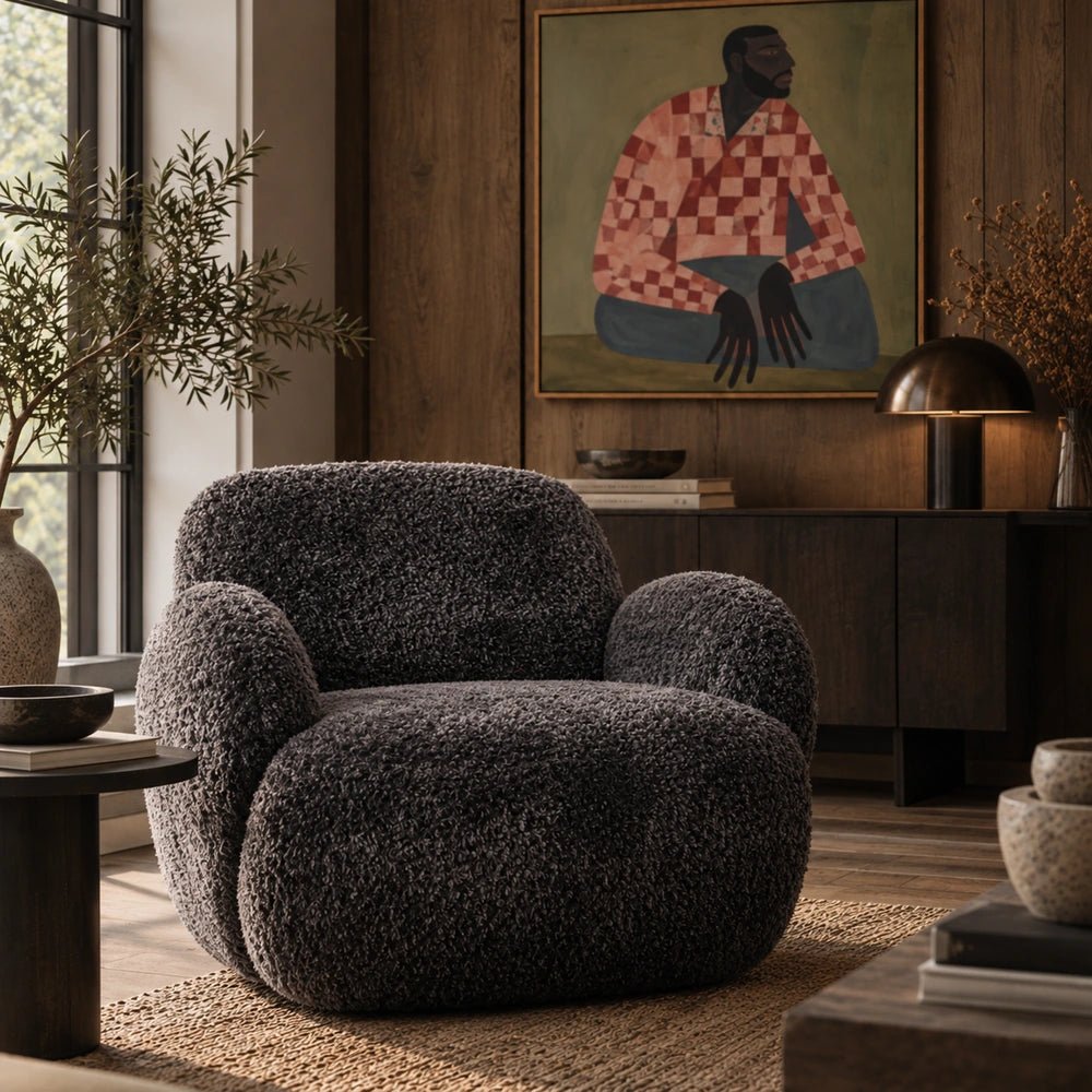 Natasha Faux Shearling Curved Armchair, Charcoal