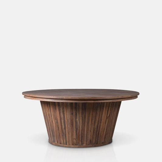 Round wooden dining table with a striped look base in a dark brown stain