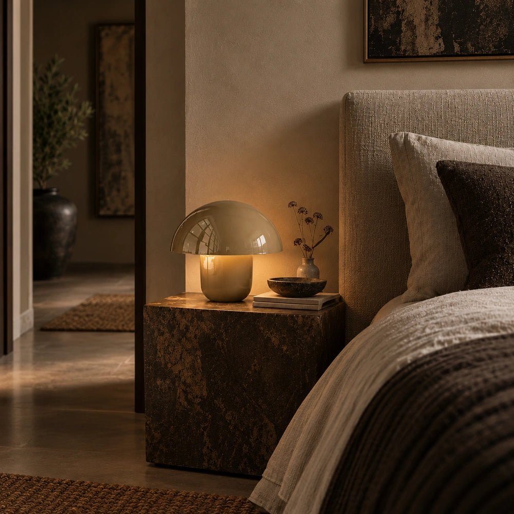 Sputnik Metal Table Lamp in taupe glowing on a bedside table beside layered neutral bedding, with a softly lit doorway and warm contemporary bedroom styling.