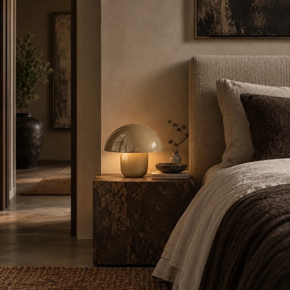 Sputnik Metal Table Lamp in taupe displayed on a dark bedside table beside neutral bedding, with soft ambient light and minimal contemporary bedroom decor.