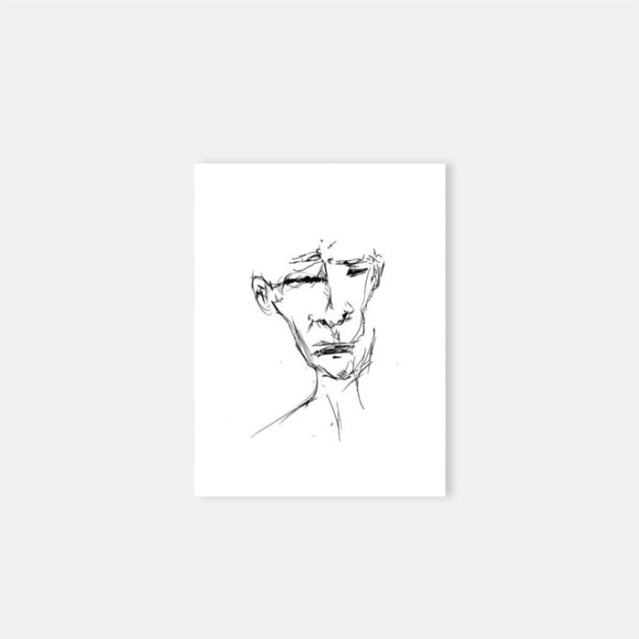 Black line drawing of a face on white paper in a thin black frame