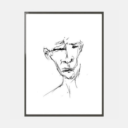 Black line drawing of a face on white paper in a thin black frame