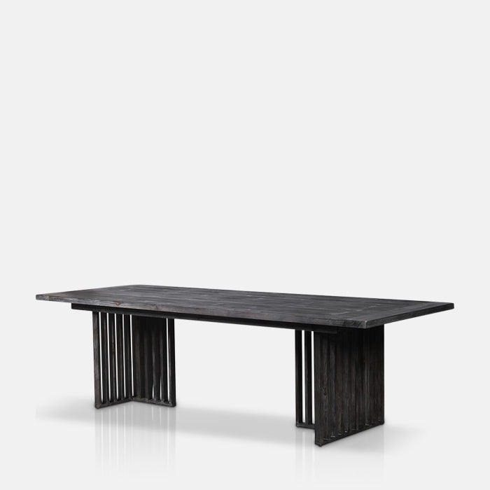Wooden rectangular dining table stained in black with slatted legs