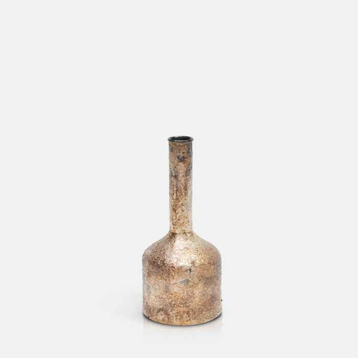Metallic candlestick holder in bottle shape, with rustic aged patina.