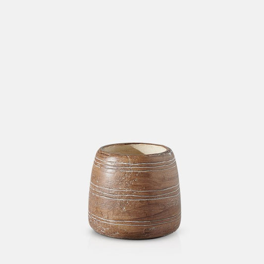 Round brown vase with uneven ribbed line markings on its surface