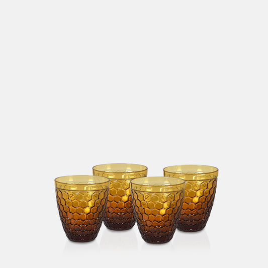 Four honeycomb textured amber drinking glasses