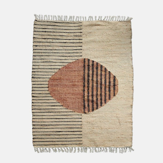 Large woven fringed rug in creamy beige, with large pale red circle in centre and black line pattern detailing.