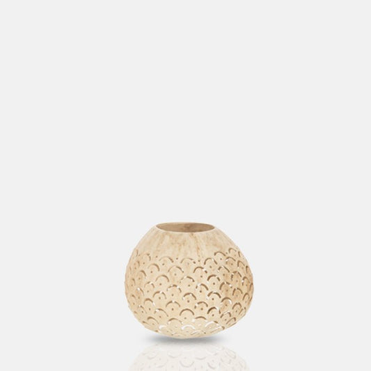 Round coconut candle holder with scallop cut-out design.