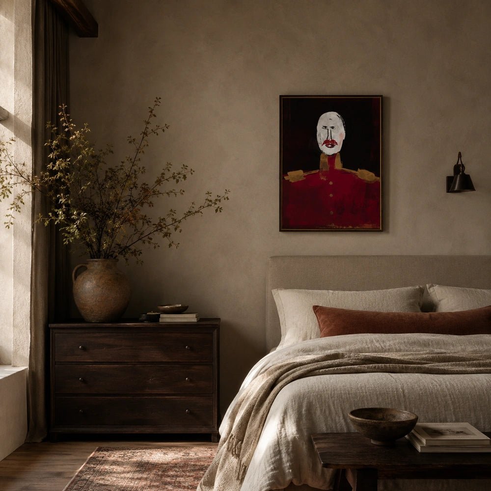 Valour figurative artwork with vivid red clothing and pale face framed on a neutral bedroom wall above layered bedding and understated bedside furniture.