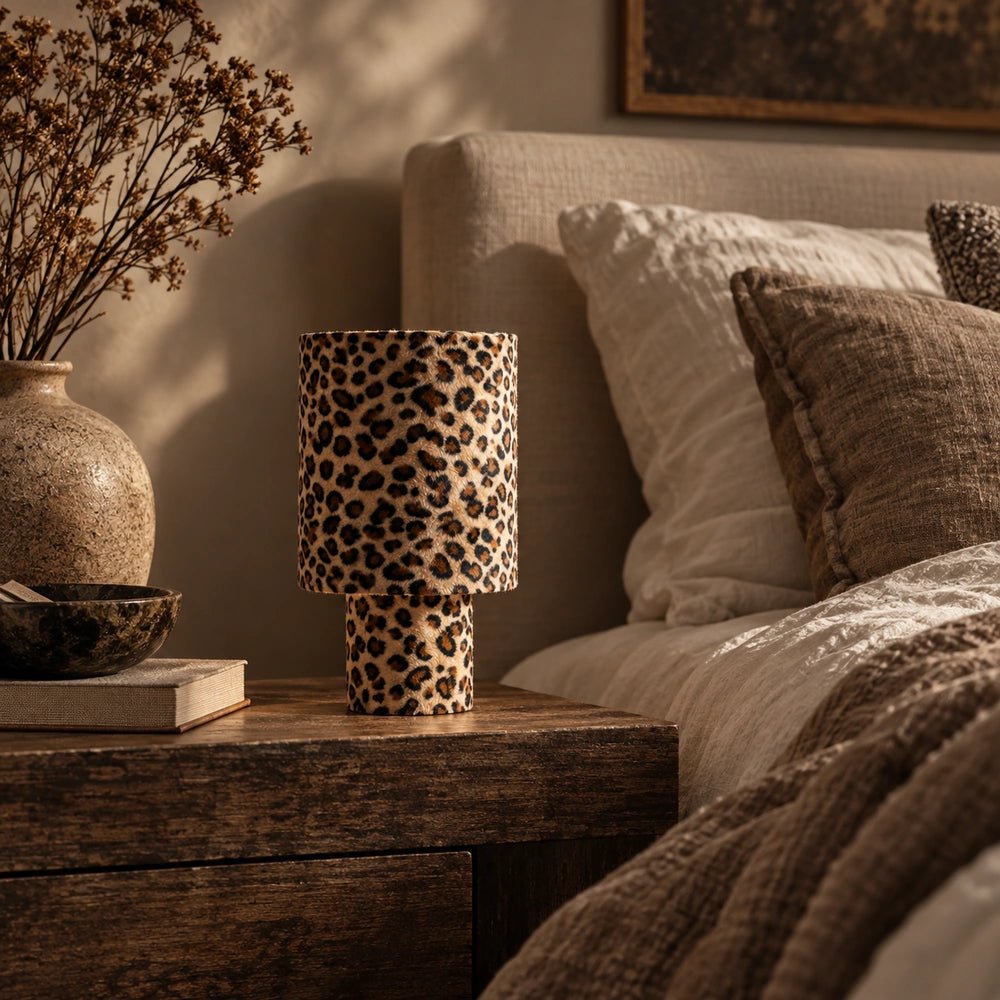 Velma Leopard Table Lamp with bold spotted shade casting warm light, styled on a wooden bedside table beside layered neutral bedding and decorative foliage.