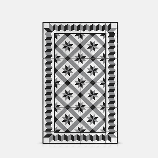 Large black and white tiled pattern vinyl floor rug