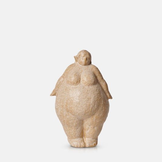 Standing female sculpture with arms at her side in a creamy brown finish.