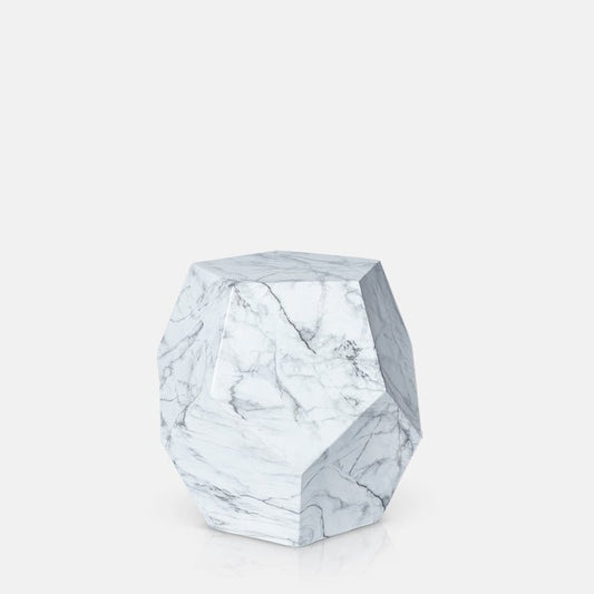 Cutout image on a white background of an angular side table. This geometric side table has a white and grey marble effect.