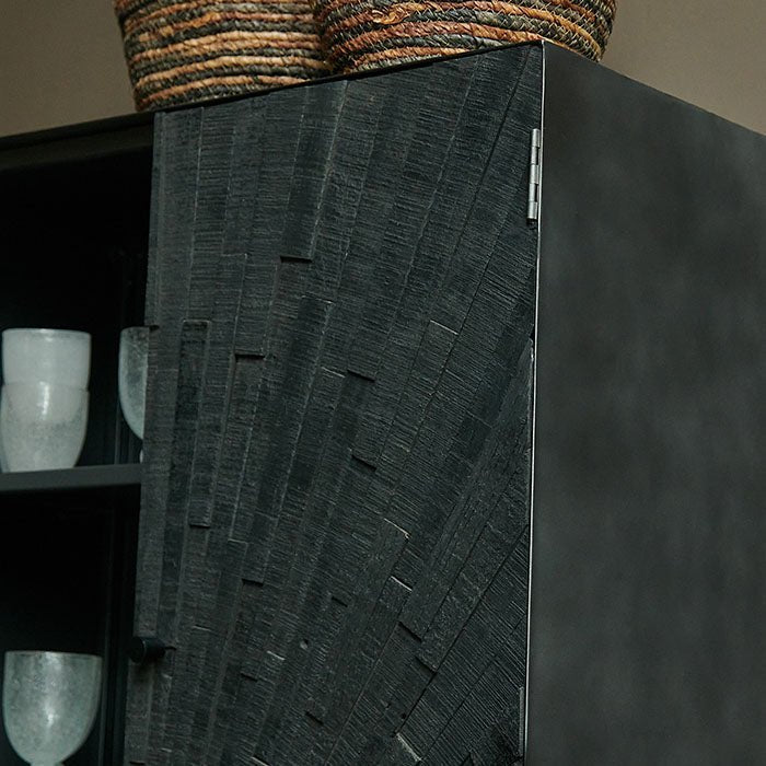 Wallace drinks cabinet textured wood doors closeup black mango modern bar storage furniture detail