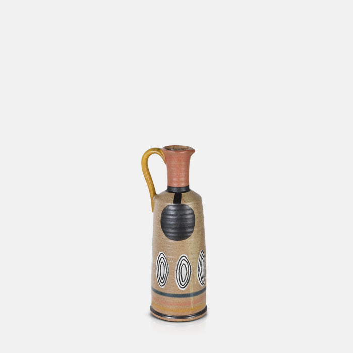 Patterned jug-shaped ceramic vase in brown, red and black
