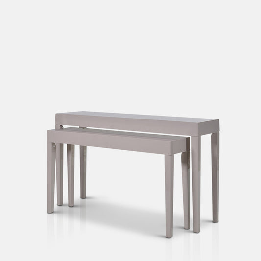 Wooden grey console tables that look good in the hallway or behind your sofa. Narrow rectangular tables with long legs. 