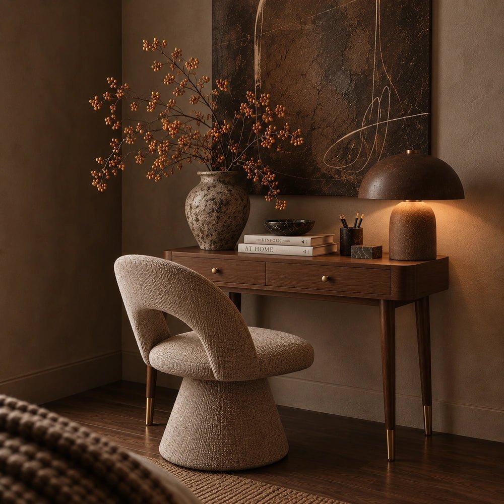 Winslow Desk in dark wood with rounded edges and slim legs, styled as a compact home office with chair, lamp and decorative foliage.