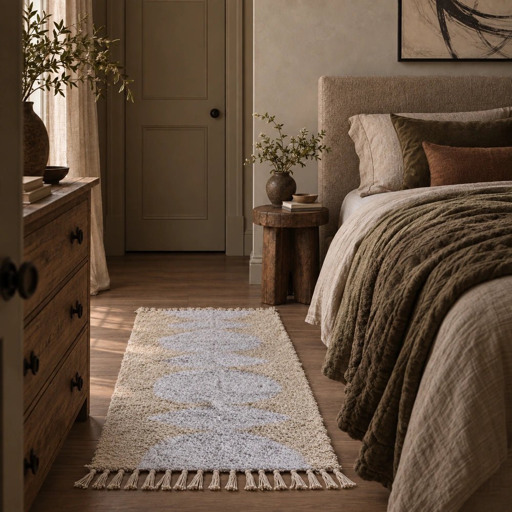 Wyatt Tufted Cotton Runner with soft cream pattern and tasseled ends, styled beside a neutral bed and wooden furniture in a calm bedroom.