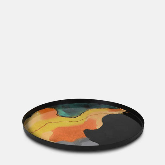 A cutout picture of a black tray with a colourful swirly pattern in orange yellow and green. An abstract tray that gives a contemporary accent to your home decor. 