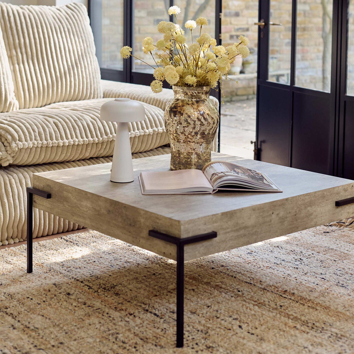 Alberton coffee table faux concrete square industrial modern black metal legs living room furniture