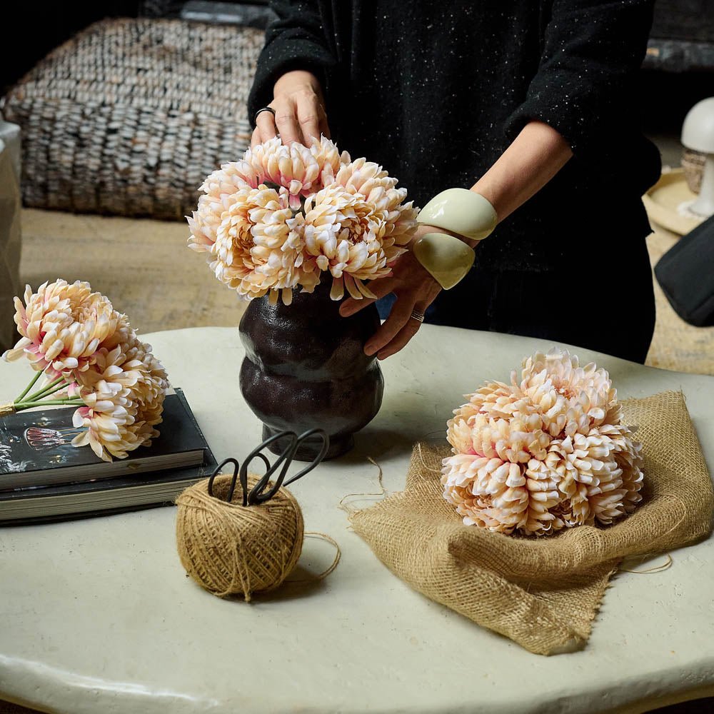 Artificial Chrysanthemum Bunch | Pink Faux Flowers | Peach