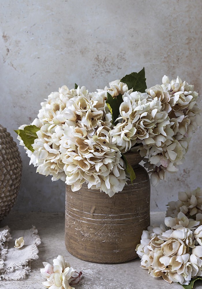 Artificial hydrangea morning mist cream brown faux fake flower stems botanical realistic home decor