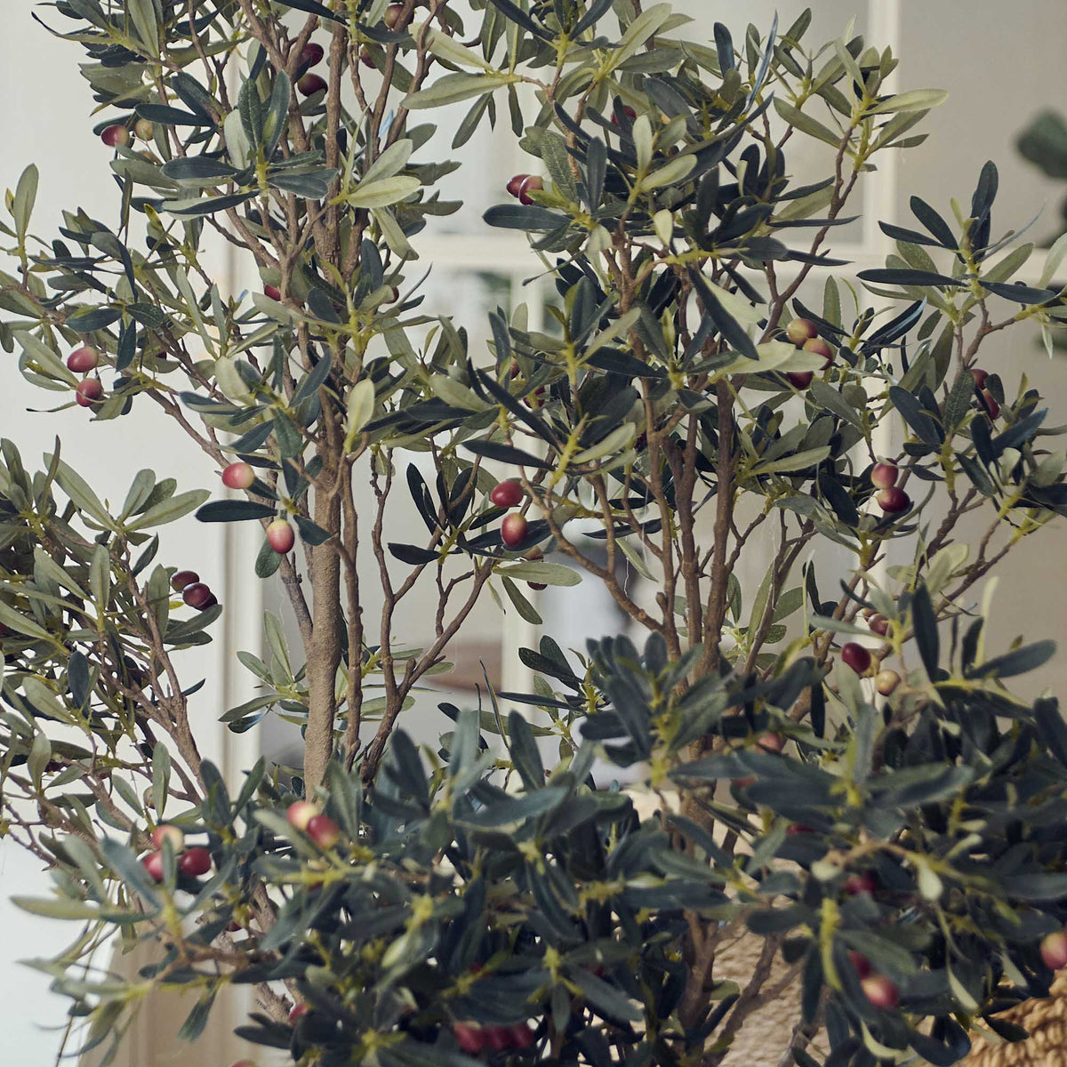 Artificial olive tree large potted faux fake plant green leaves black pot realistic home decor styled