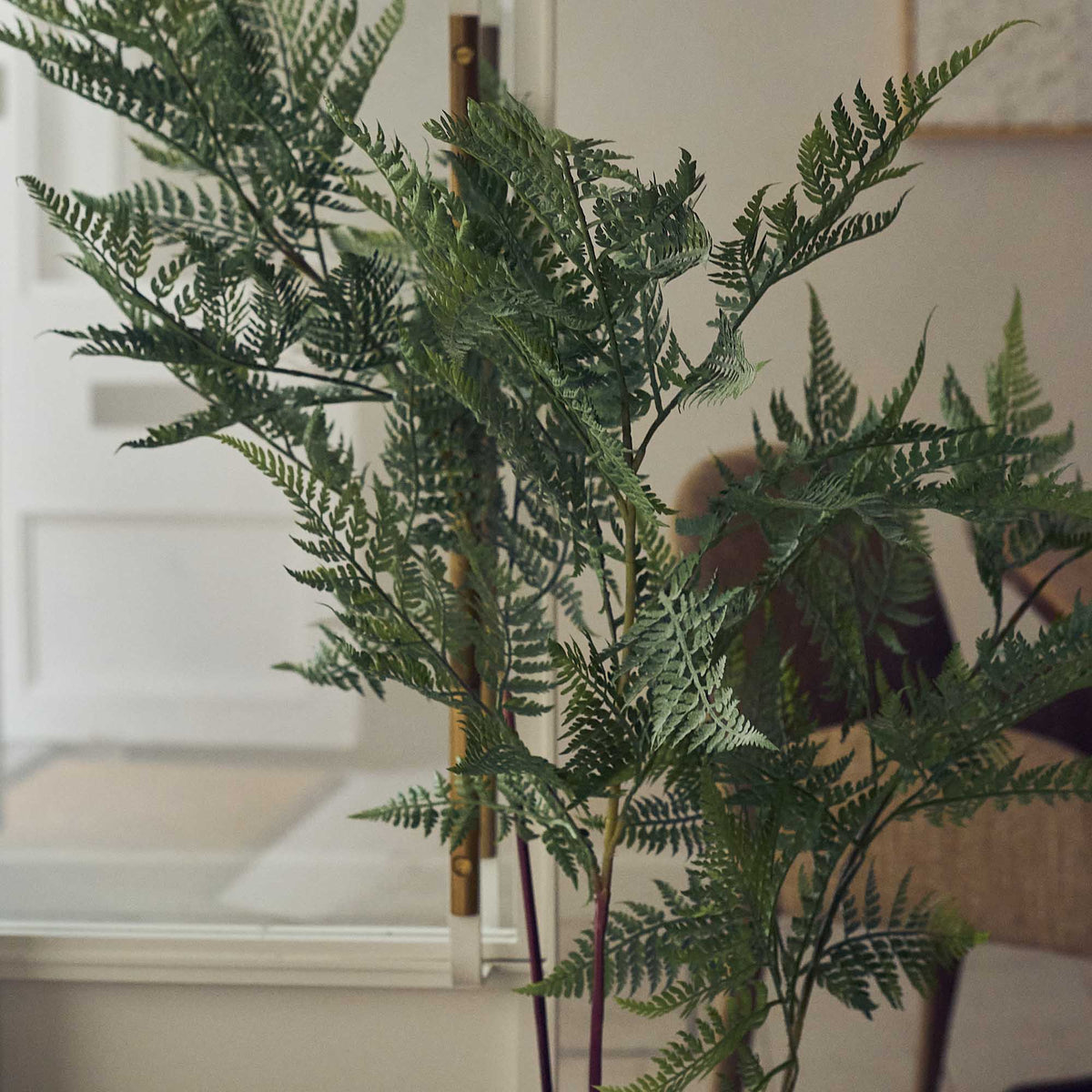 Artificial sword fern potted faux fake plant tall green fronds black pot realistic home decor styled