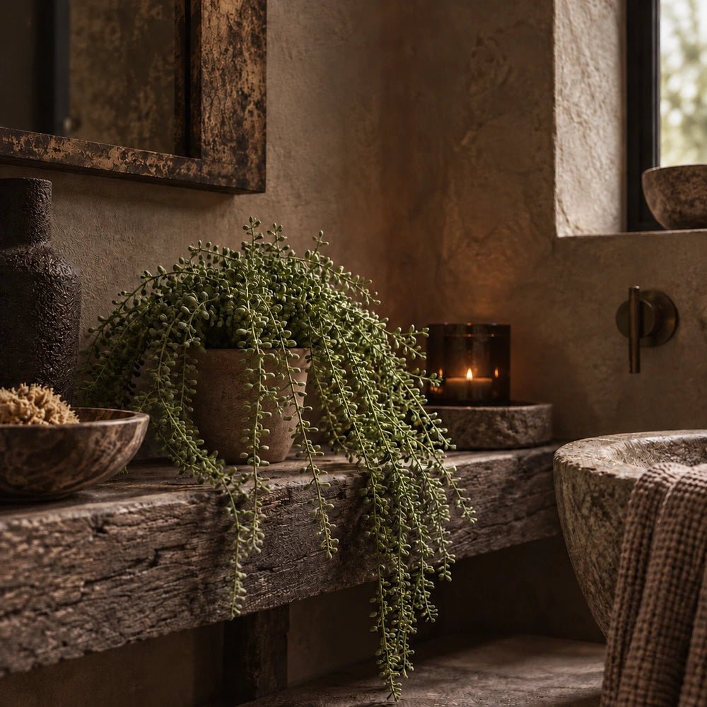 Artificial Trailing String of Pearls with cascading green beadlike foliage in a terracotta pot, displayed on a rustic bathroom shelf beside a candle and basin.