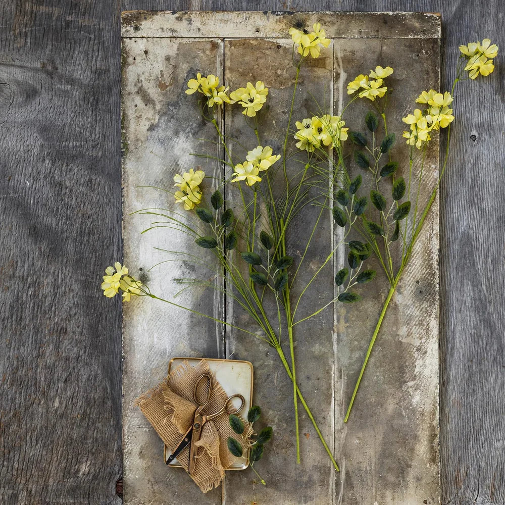 Artificial Wild Meadow Buttercup, Golden stems arranged flat with branching green foliage and small golden flowers, showing the full botanical shape and delicate flower heads.