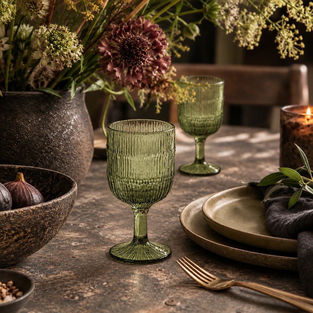 Aster Wine Glass, Green pair of ribbed green stemmed glasses styled on a dining table with textured ceramics, dark florals, candlelight and warm neutral surroundings.