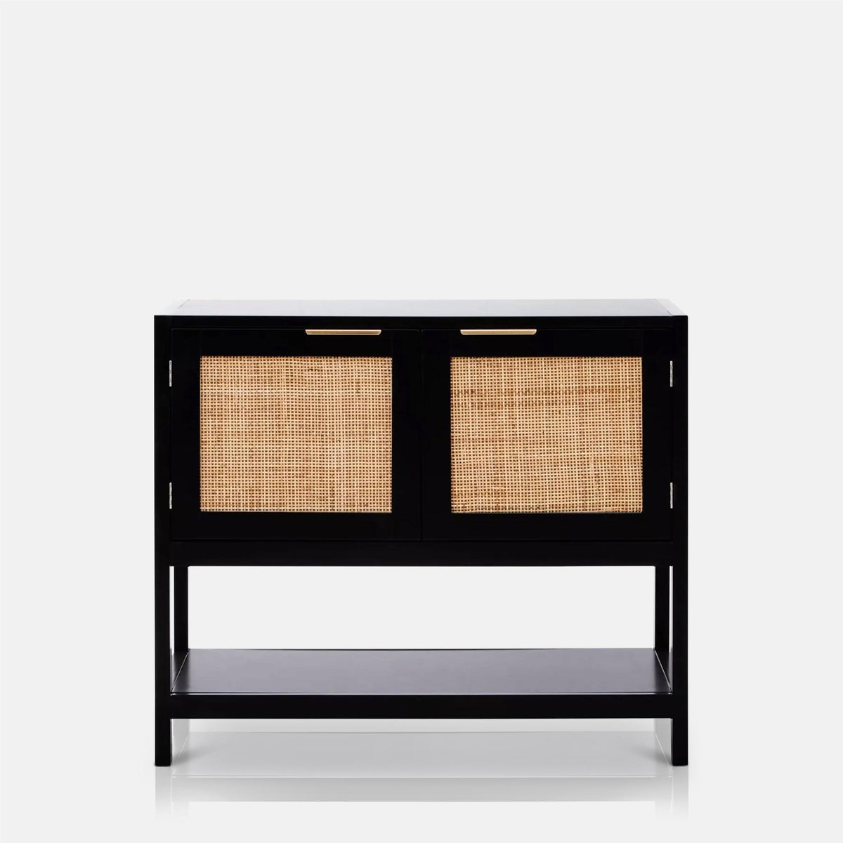 A cutout of the Bailey Black Wood Cabinet, a long rectangular cabinet featuring a lower shelf and a rattan fronted cupboard.