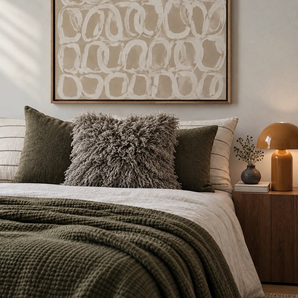 Barmount Textured Cushion in slate grey tactile fabric, styled on a contemporary chair with layered neutral furnishings and warm interior textures.