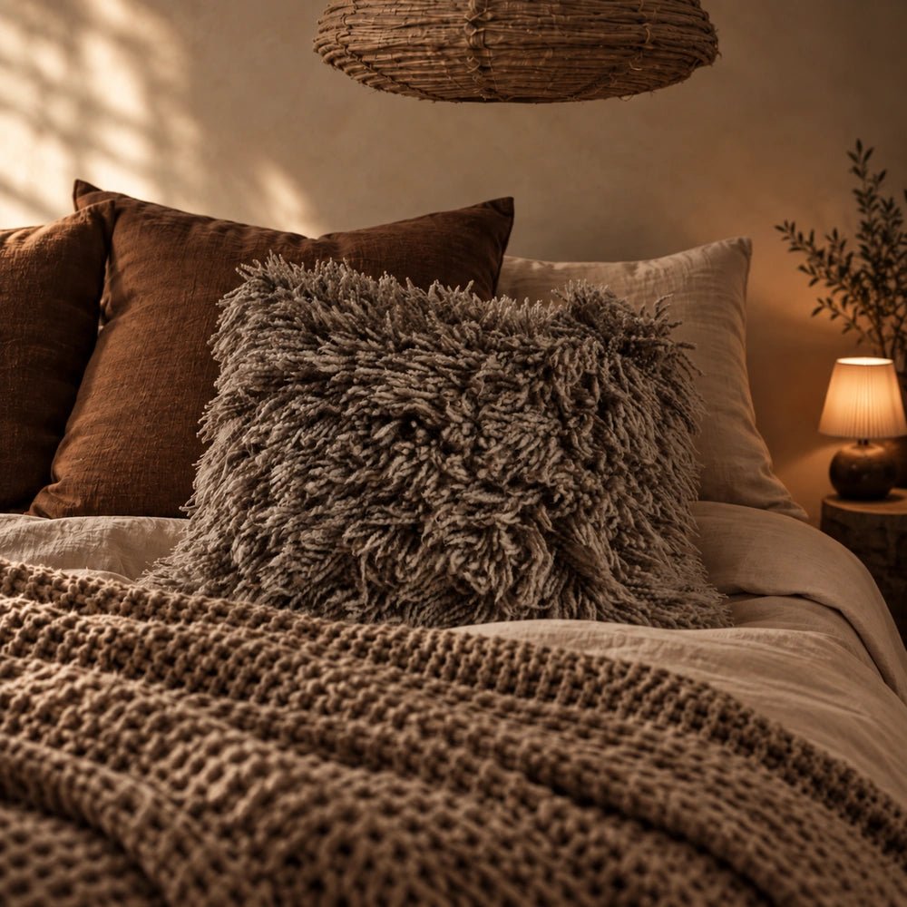 Barmount Textured Cushion in slate grey textured fabric, styled on a neutral sofa with layered cushions and warm contemporary living room accessories.