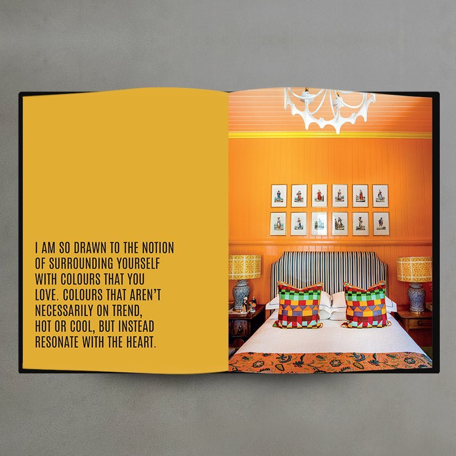 Everything: A Maximalist Style Guide, opened to show text and photographs printed on a yellow background. 