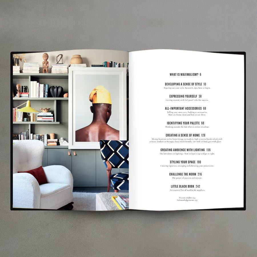 Everything: A Maximalist Style Guide, opened to show a photo and a guide to each subsection of the book.