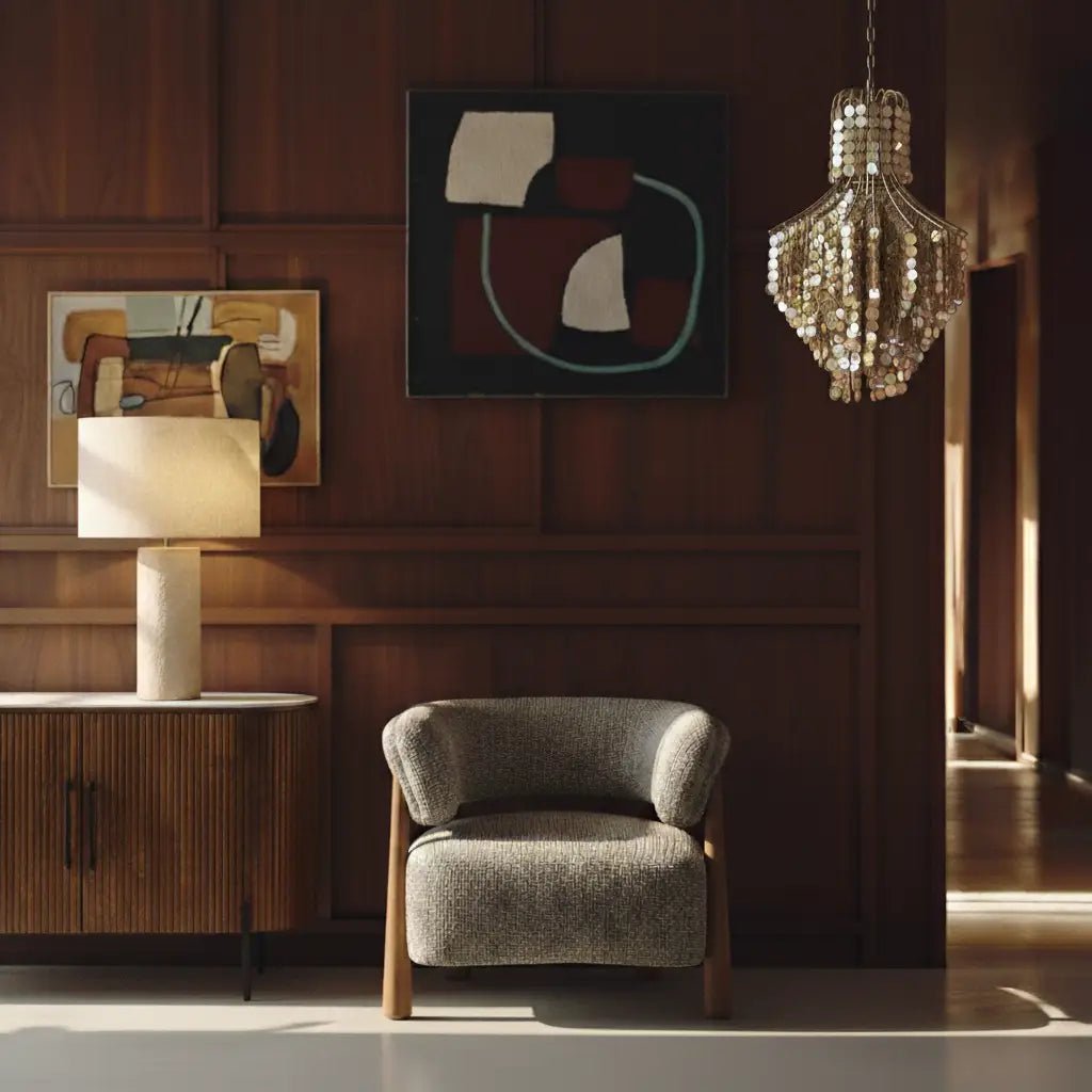 Abigail Ahern Bastian Curved Armchair in soft neutral upholstery, featuring a vintage-inspired curved silhouette, plush cushioning and warm ash wood legs, styled as a relaxed statement chair in a contemporary interior.