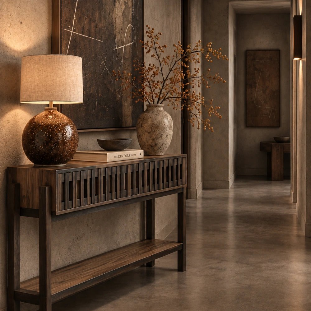 Batten Wooden Console Table styled in a warm hallway, showing its dark wood frame, slatted front, lower shelf, table lamp, books and ceramic vase.