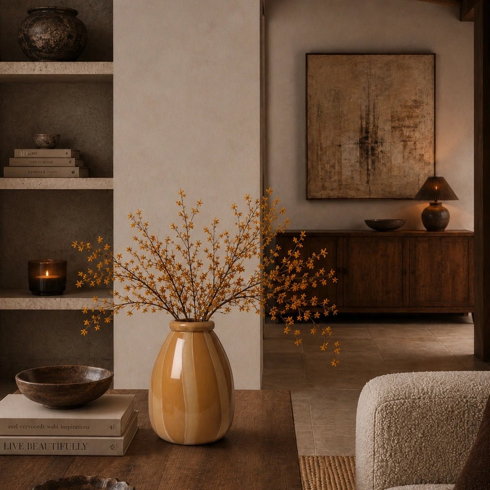 Bautista Glass Vase styled on a sideboard in a warm contemporary interior, surrounded by layered decorative objects and softly textured furnishings.