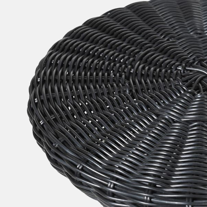 A closeup showing the woven black wicker detailing on the Black Tomo Wicker Stool.
