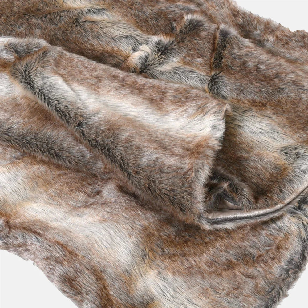 Calvert Faux Fur Throw showing layered folds of brown, grey and cream fur, with a close view of the soft pile and tonal variation.