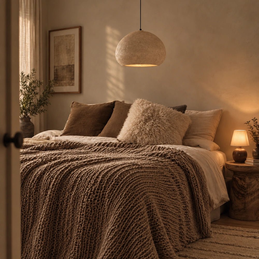 Campden Paper Mache Pendant Light with softly textured cream shade hanging above a layered neutral bed, creating warm ambient light in a calm bedroom.