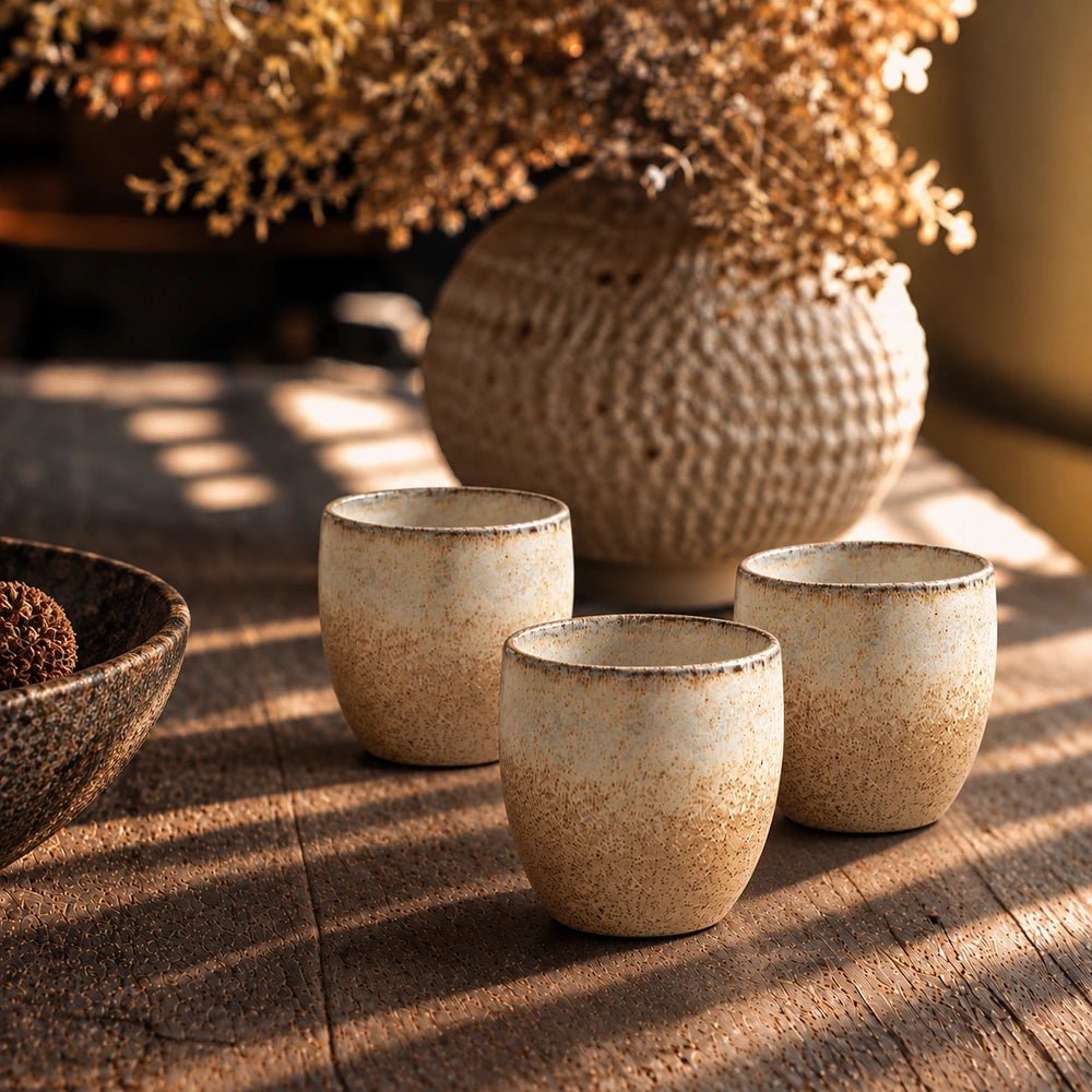 Chorley Stoneware Cup, Latte group of three softly speckled cream cups styled on a sunlit wooden table beside a textured vase and neutral tableware.