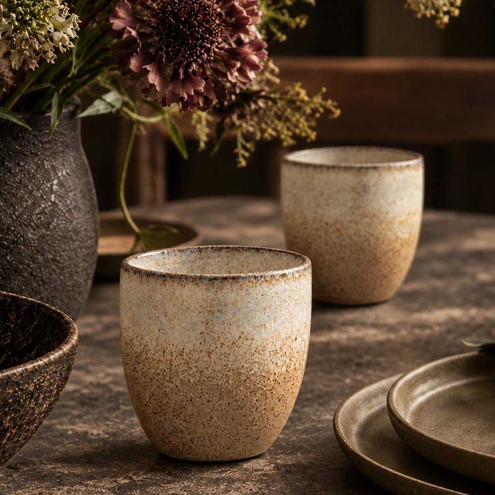 Two Chorley Stoneware Cup, Latte cups with softly speckled cream glaze, styled on a dark tabletop beside florals, plates and warm neutral dining accessories.
