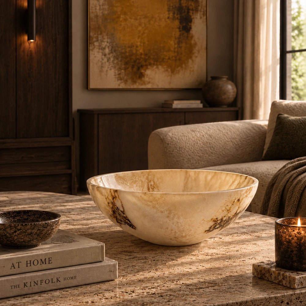 Colorado Round Bowl displayed on a rustic coffee table with books and candles in a warm neutral living room interior.