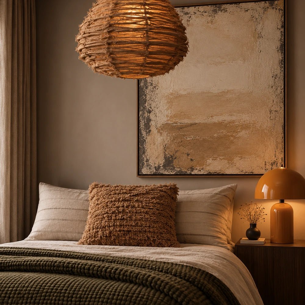 Peach Connie Textured Cushion centred on a neutral bed beneath abstract artwork, paired with striped pillows and warm amber bedside lighting.