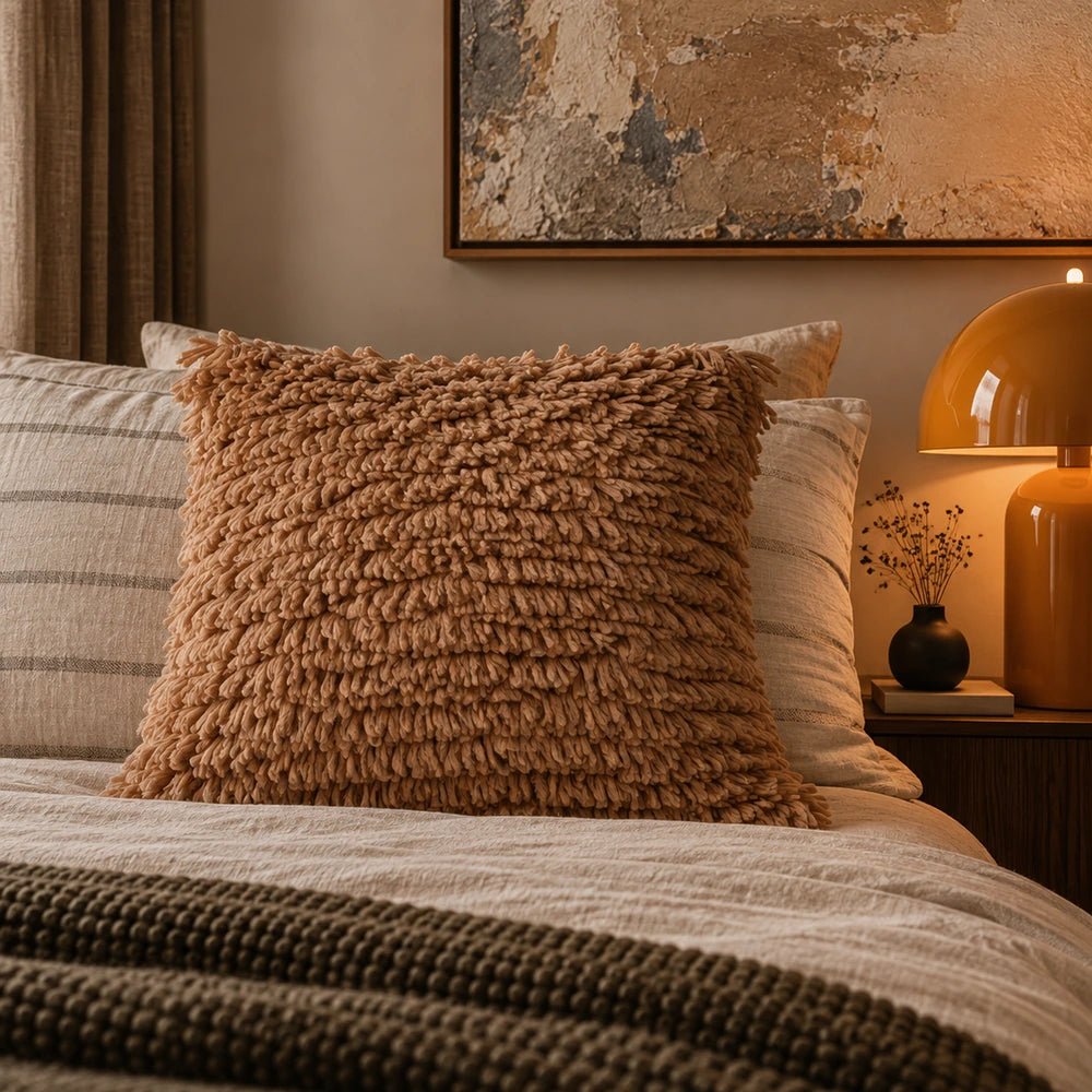 Peach Connie Textured Cushion styled on a neutral bed with striped pillows and layered throws, highlighting its soft shaggy woven surface.