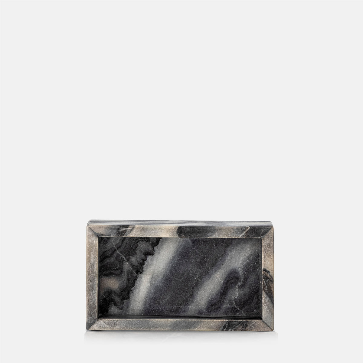 The Creston Marble Tray, a small slim rectangular tray in inky dark hues with contrasting lighter tones.