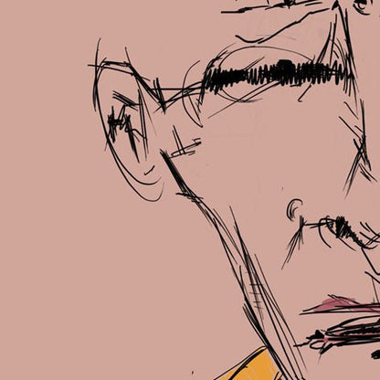 Sketchy line drawing details of the face on a pink background