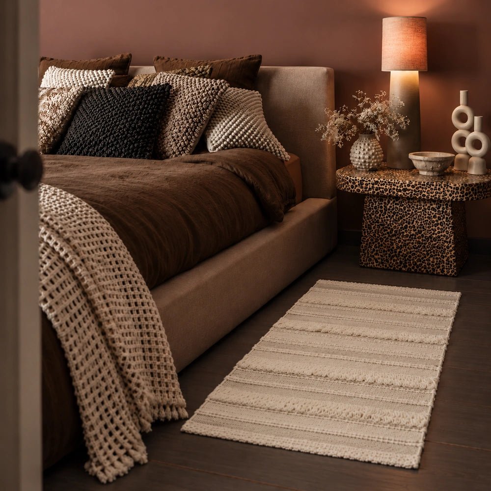 Dawson Wool Rug layered beneath a warm neutral bed with textured throws and cushions, creating a soft contemporary bedroom setting.